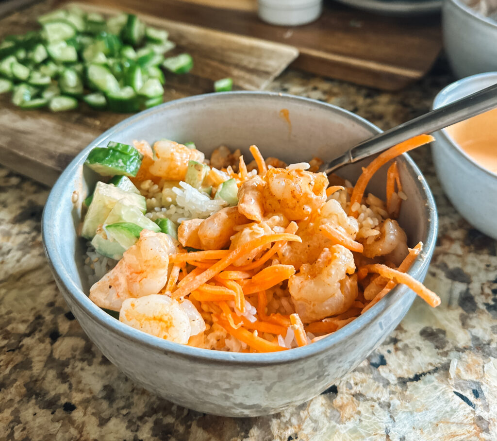 Easy Spicy Shrimp Bowl with sriracha mayo
